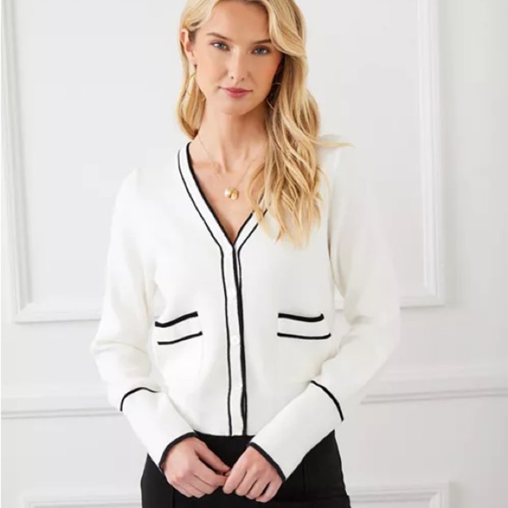 Karen Kane Contrast Trim Button Cardigan – Black/White – Size XS